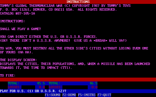 Tommy's Global Thermonuclear War (DOS) screenshot: The first screen of the game's instructions