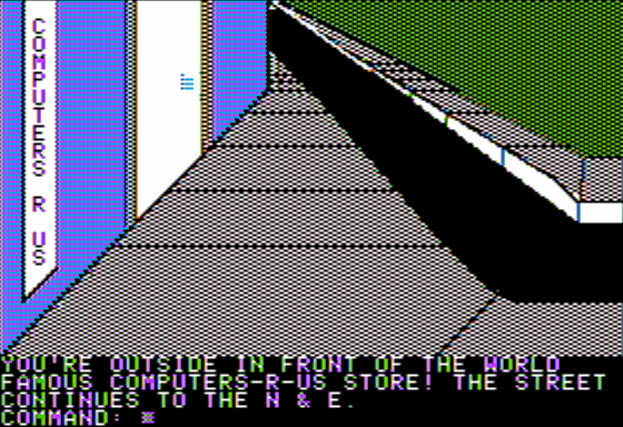 Whiz Kid (Apple II) screenshot: Outside the Computer Shop