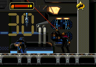 Star Trek: Deep Space Nine - Crossroads of Time (Genesis) screenshot: Using phaser weapon. The numbers on screen are the countdown before the explosion
