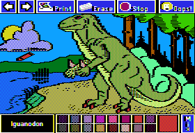Electric Crayon Deluxe: Dinosaurs Are Forever (Apple II) screenshot: Iguanodon had spiked thumbs which were probably used as defensive weapons or possibly for mating