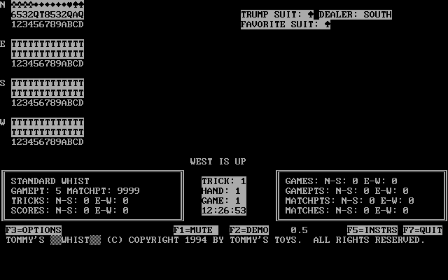 Tommy's Whist (DOS) screenshot: The start of a monochrome game