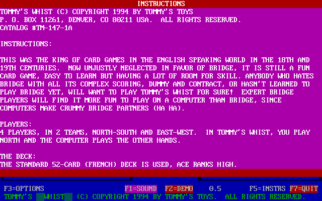 Tommy's Whist (DOS) screenshot: The first screen of the game's instructions