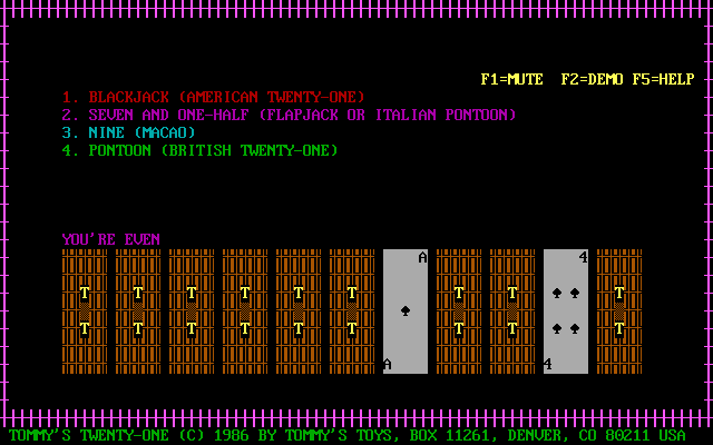 Tommy's Twenty-One (DOS) screenshot: The game's title screen. After selecting the game type the player is asked three configuration questions: - 1 or 2 decks? - reshuffle when (0-9) cards left? - new deck each time?