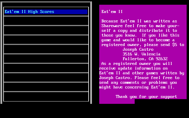 Eat'em II (DOS) screenshot: The high score screen and shareware nag screen