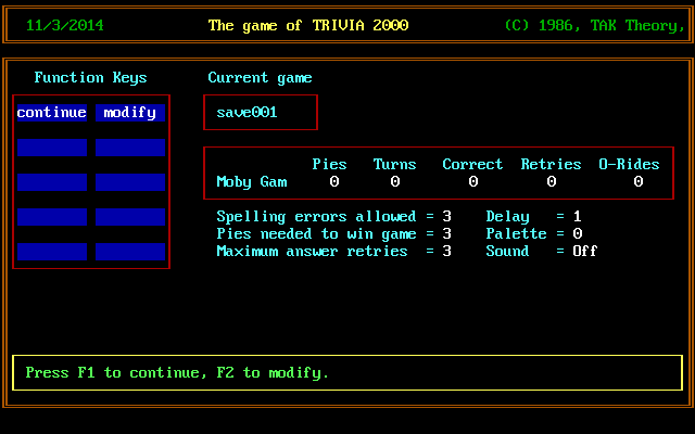 Trivia 2000 (DOS) screenshot: Here a game that had been previously frozen/saved has been loaded