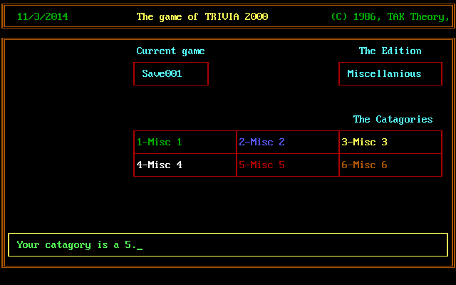 Trivia 2000 (DOS) screenshot: When the game stops rolling the dice the game selects the category