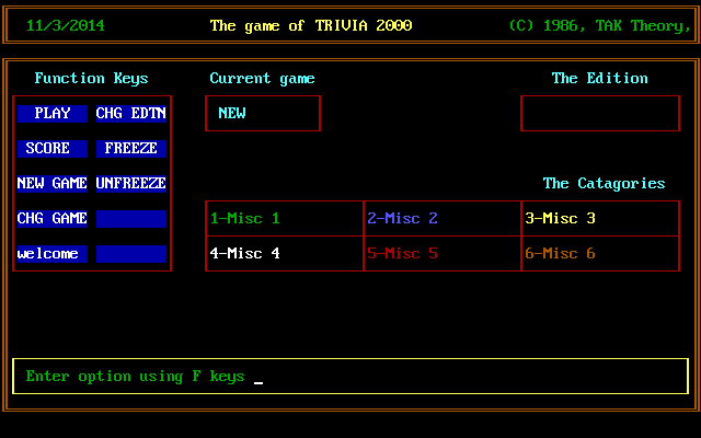 Trivia 2000 (DOS) screenshot: The game begins. F1 is Play