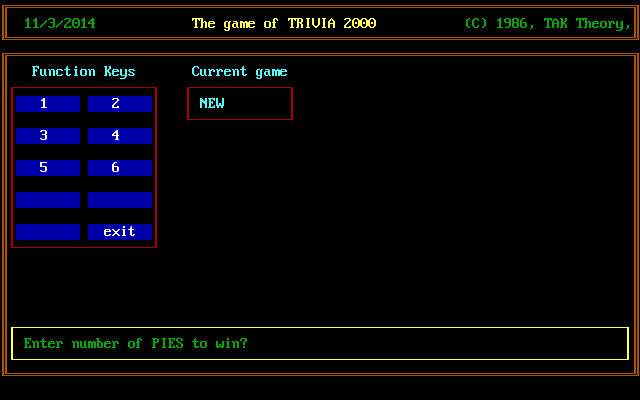 Trivia 2000 (DOS) screenshot: The number of pies is the number of segments and the player makes their selection by pressing the F1 - F6 keys