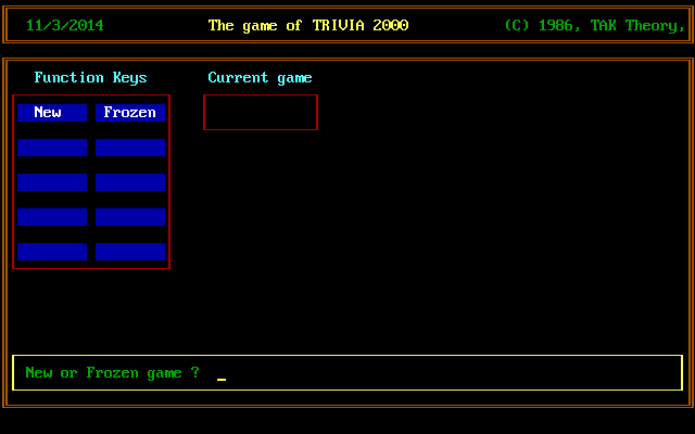 Trivia 2000 (DOS) screenshot: The game's initial screen.To select an option the player presses F1 for New and F2 for Frozen (i.e. a saved game)