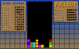 Fallout (DOS) screenshot: A game in progress. The orange spheres show where three bricks of the same colour are exploding