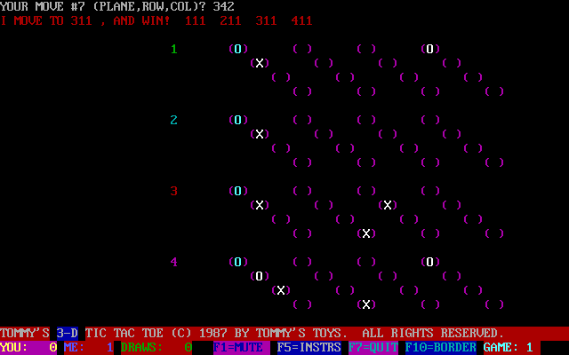 Tommy's Tic-Tac-Toe (DOS) screenshot: The computer wins with four in a row