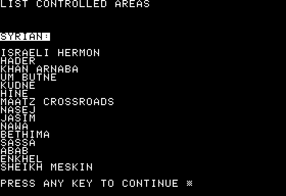 Golan Front (Apple II) screenshot: Syrian controlled Areas