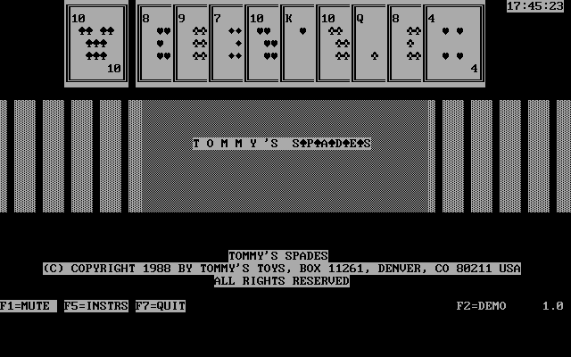 Tommy's Spades (DOS) screenshot: The game has an option to run with a monochrome display. This is what the title screen looks like when this option is used