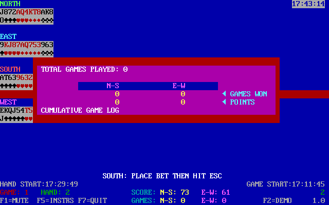 Tommy's Spades (DOS) screenshot: As the player exits the game shows the current score