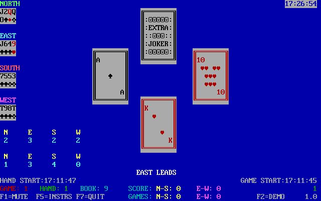 Tommy's Spades (DOS) screenshot: Here North has played the Extra Joker. Spades are trumps but this outranks the Ace of Spades played by West