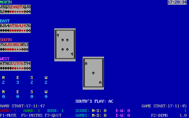 Tommy's Spades (DOS) screenshot: This shows cards in play. Cards are nominated by typing rank then suit, AC is the Ace of Clubs, TH the ten of Hearts, etc