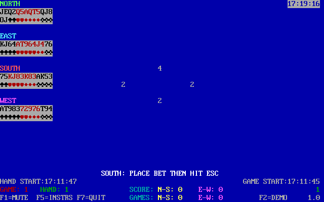 Tommy's Spades (DOS) screenshot: Now that the cards have been dealt the bidding begins. This game is being played with the 'Open hand' option enabled. Note North has both jokers in their hand