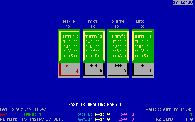 Tommy's Spades (DOS) screenshot: The cards have been dealt. One of the features of the game is that up to three rounds of cards per deal can be dealt face up. Player plays South