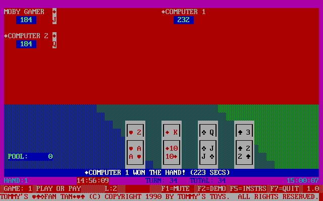 Tommy's Fan Tan (DOS) screenshot: The end of a game of Pay or Play. The pot reached over forty chips in this game