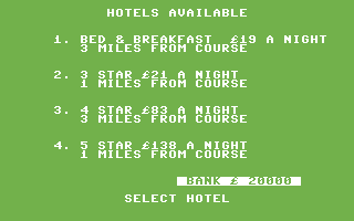 Championship Golf (Commodore 64) screenshot: Where do you want to stay?