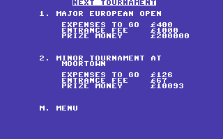 Championship Golf (Commodore 64) screenshot: Select your next tournament