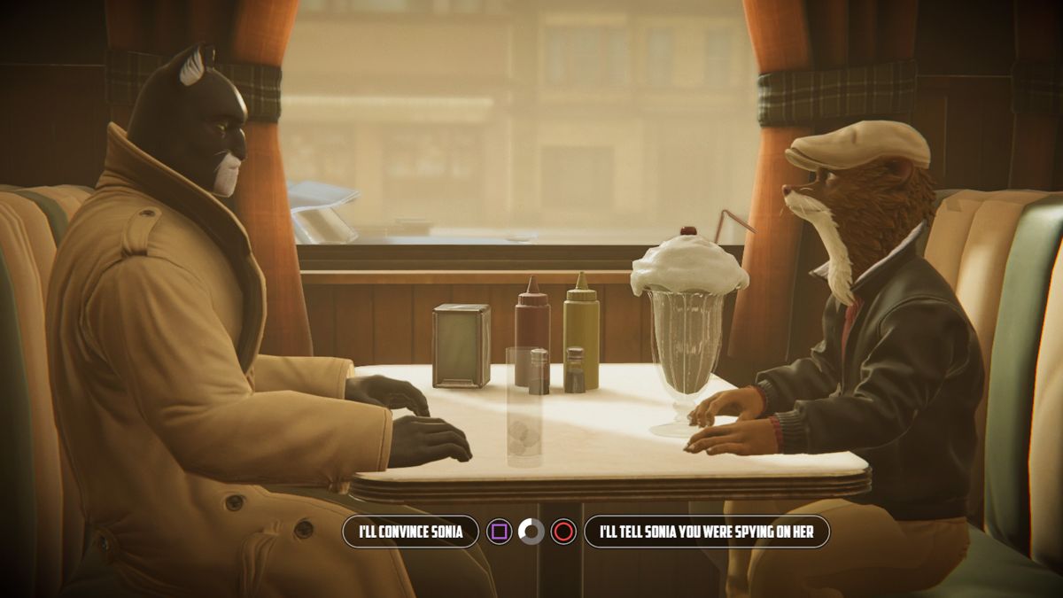 Blacksad: Under the Skin (PlayStation 4) screenshot: Weekly was trying to secretly take some photos of Sonia Dunn when John caught him