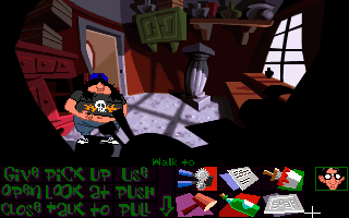 Maniac Mansion: Day of the Tentacle (DOS) screenshot: Hoagie will scratch his belly if you leave him alone for a while