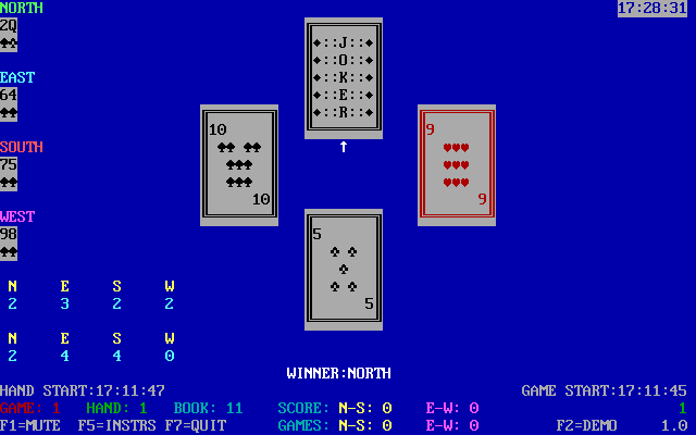 Tommy's Spades (DOS) screenshot: Here North has played the Joker. Spades are trumps but this outranks the Ten of Spades played by West