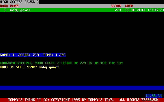 Tommy's Think II (DOS) screenshot: The player has achieved a high score