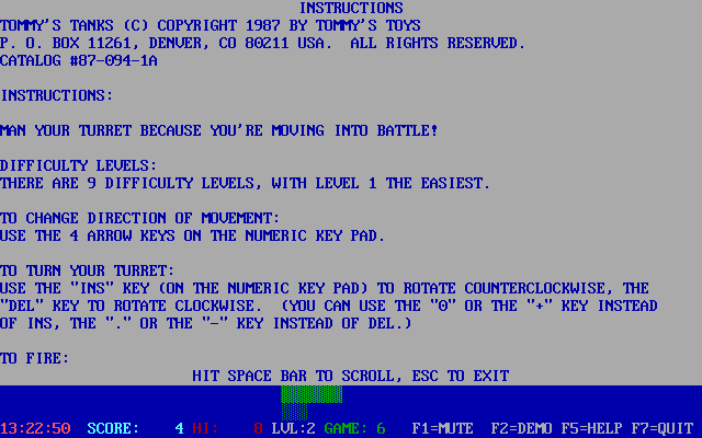Tommy's Tanks (DOS) screenshot: The first of the game's help screens