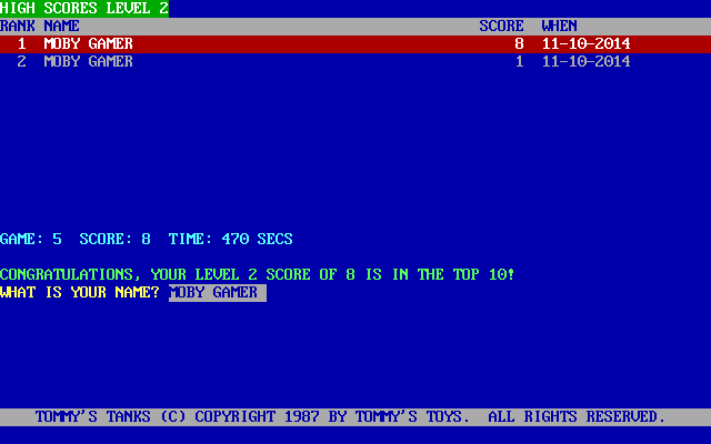 Tommy's Tanks (DOS) screenshot: The high score table