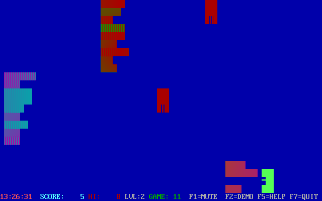 Tommy's Tanks (DOS) screenshot: Here the green tank blasted a path through the barrier / scenery to take out an enemy tank