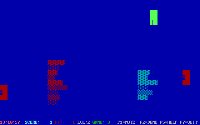 Tommy's Tanks (DOS) screenshot: The player has the green tank. Arrow keys move it. INS/DEL keys rotate the turret. SPACE fires