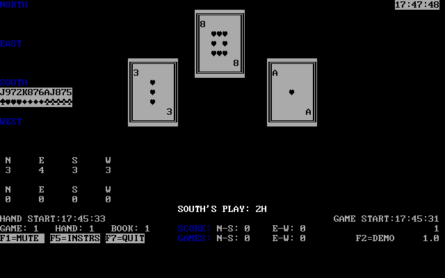 Tommy's Spades (DOS) screenshot: The game has an option to run with a monochrome display. This is what the game looks like when this option is used