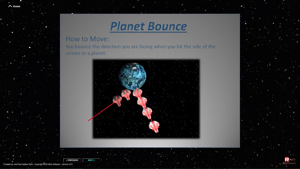 Planet Bounce (Windows) screenshot: There's a tutorial, a series of images, that explains the game very clearly