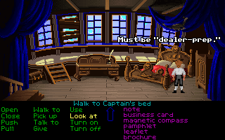 The Secret of Monkey Island (DOS) screenshot: Act II is the journey to Monkey Island (TM). It opens with Guybrush the Captain in his cabin. He comments upon the bed