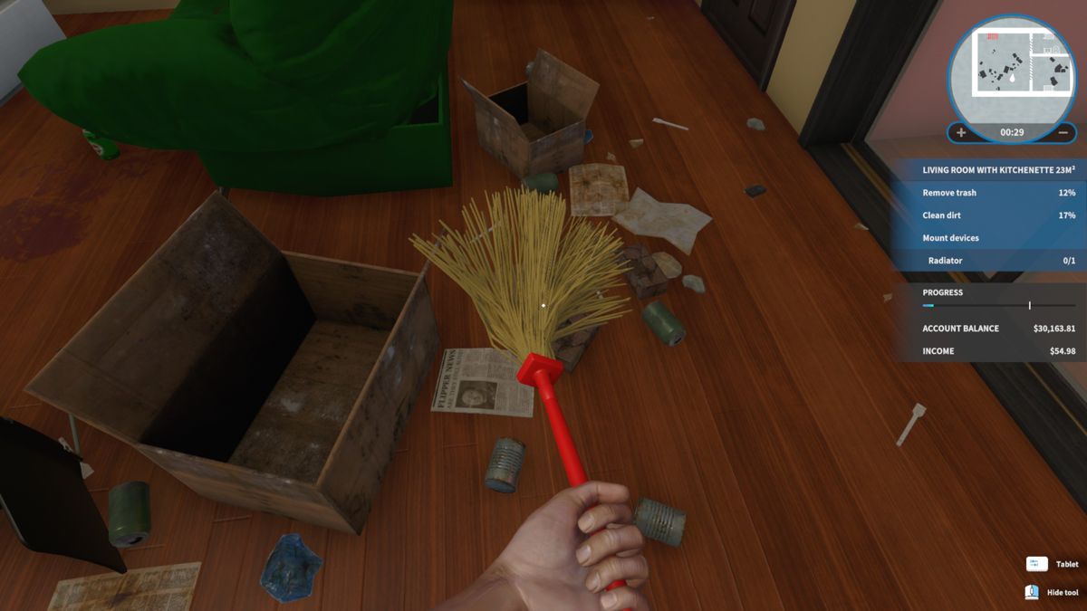 House Flipper (Windows) screenshot: Cleaning a living room.