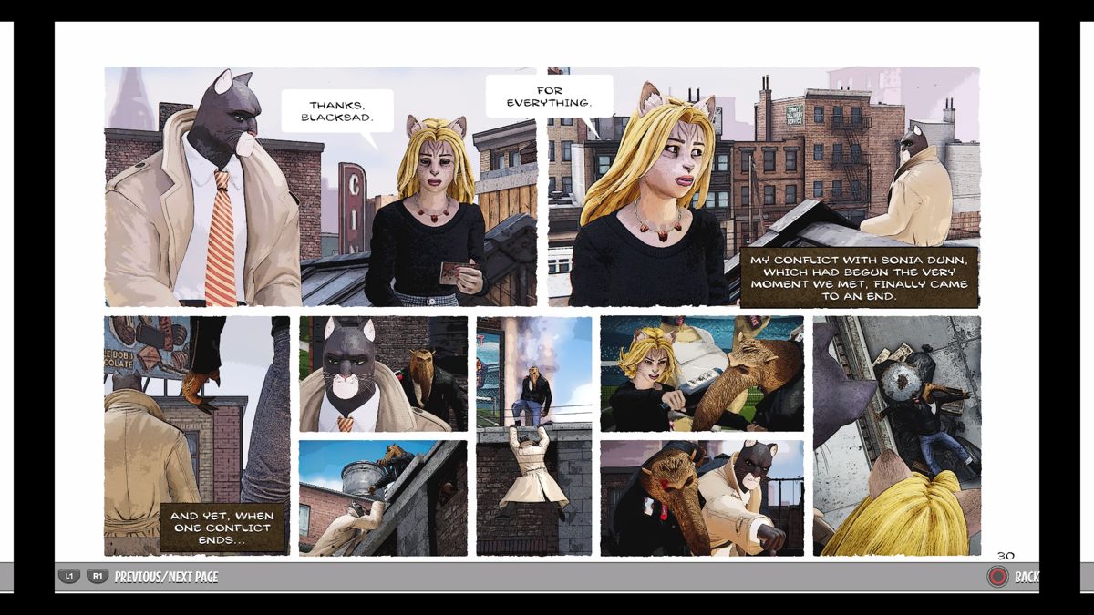Blacksad: Under the Skin (PlayStation 4) screenshot: The entire story is available in comics format up to the furthest played point, or in full if the game is finished