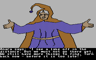 Olin in Emerald: Kingdom of Myrrh (Commodore 64) screenshot: Anara your guide gives you advice