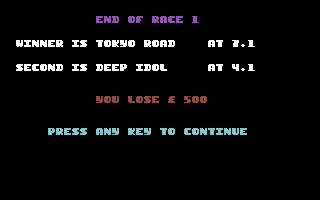 Classic Punter (Commodore 64) screenshot: Race result and you lost