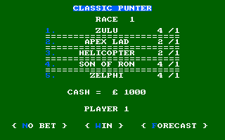 Classic Punter (Amstrad CPC) screenshot: Pick a horse to bet on