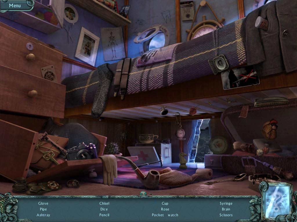 Twisted Lands: Shadow Town (iPad) screenshot: Cabin 19 under bed - objects