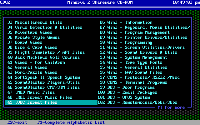 Minerva II Shareware CD Rom (DOS) screenshot: The supplied filebase viewer is keyboard controlled. This shows the main gaming categories