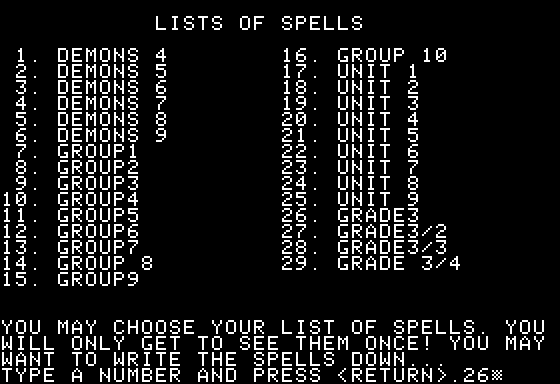 Magic Spells (Apple II) screenshot: List of Spells
