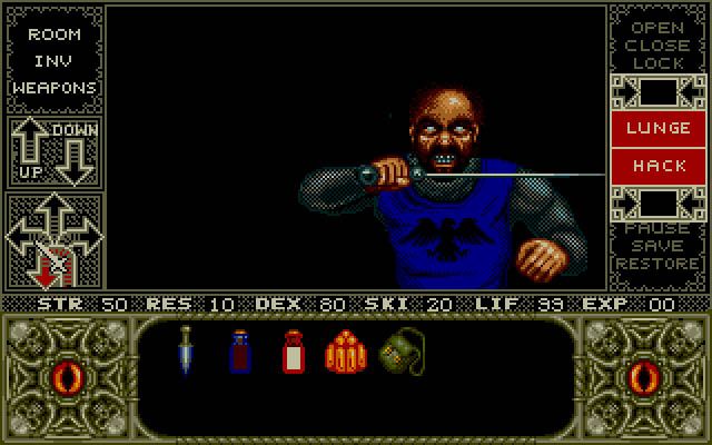 Elvira (DOS) screenshot: Getting chopped by the Captain of the Guard