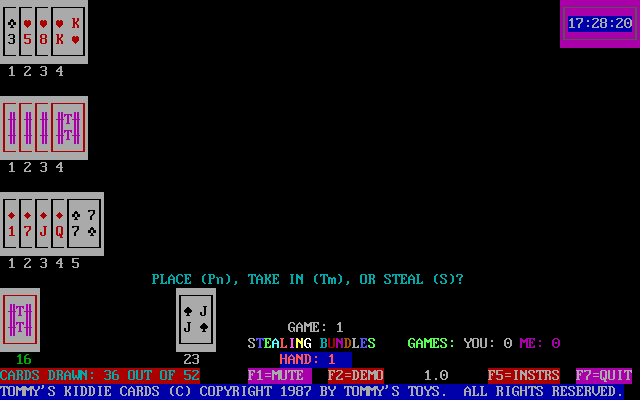 Tommy's Kiddie Cards (DOS) screenshot: Here the rotten computer has stolen my cards. My bundle is now zero and it has twenty-three!