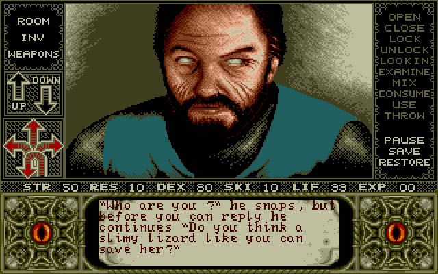 Elvira (DOS) screenshot: The Captain of the Guard, a mean fellow