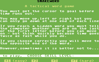 Computer-Wordsearch (Commodore 64) screenshot: Instructions to Snakeword