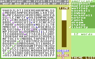 Computer-Wordsearch (Commodore 64) screenshot: Filling in the grid
