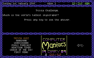 Computer Maniacs 1989 Diary (Commodore 64) screenshot: Trivia Challenge